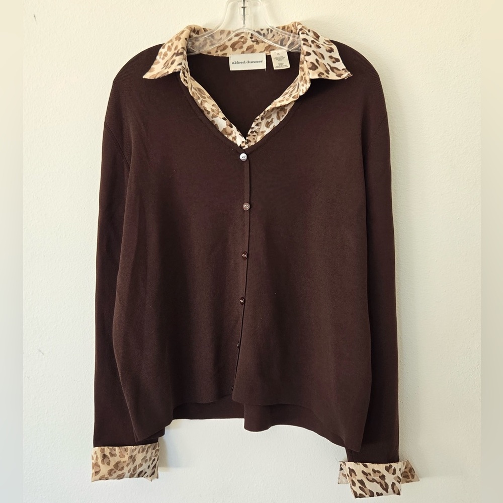 Alfred Dunner XL Brown Cardigan Style Top Leopard Print Collar & Cuffs